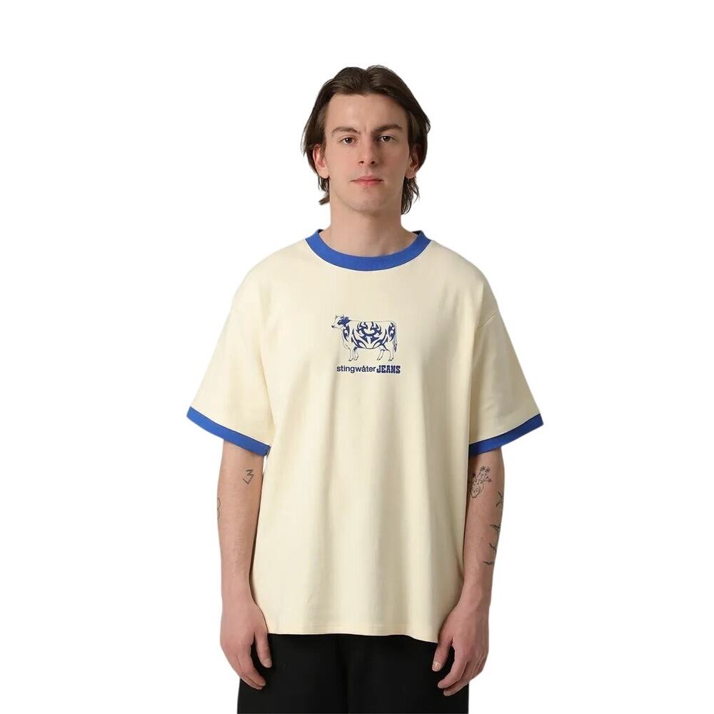Stingwater Men's Small Cream Blue Tatted Cow Graphic Ringer Tee T-Shirt R5-18